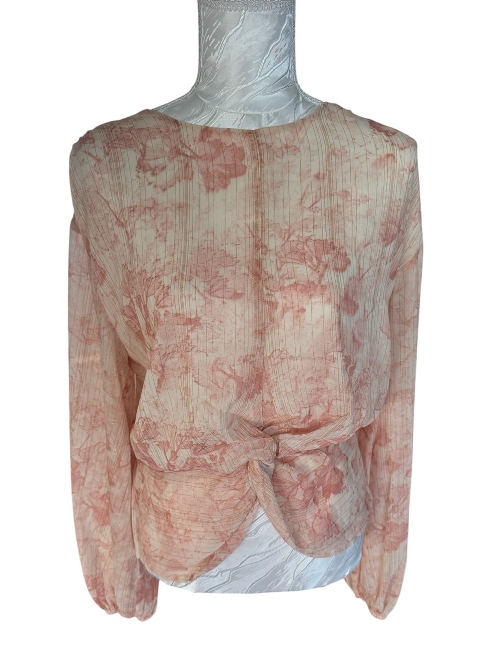 Express Pink Cream Twist-Front Floral Long Sleeve Blouse